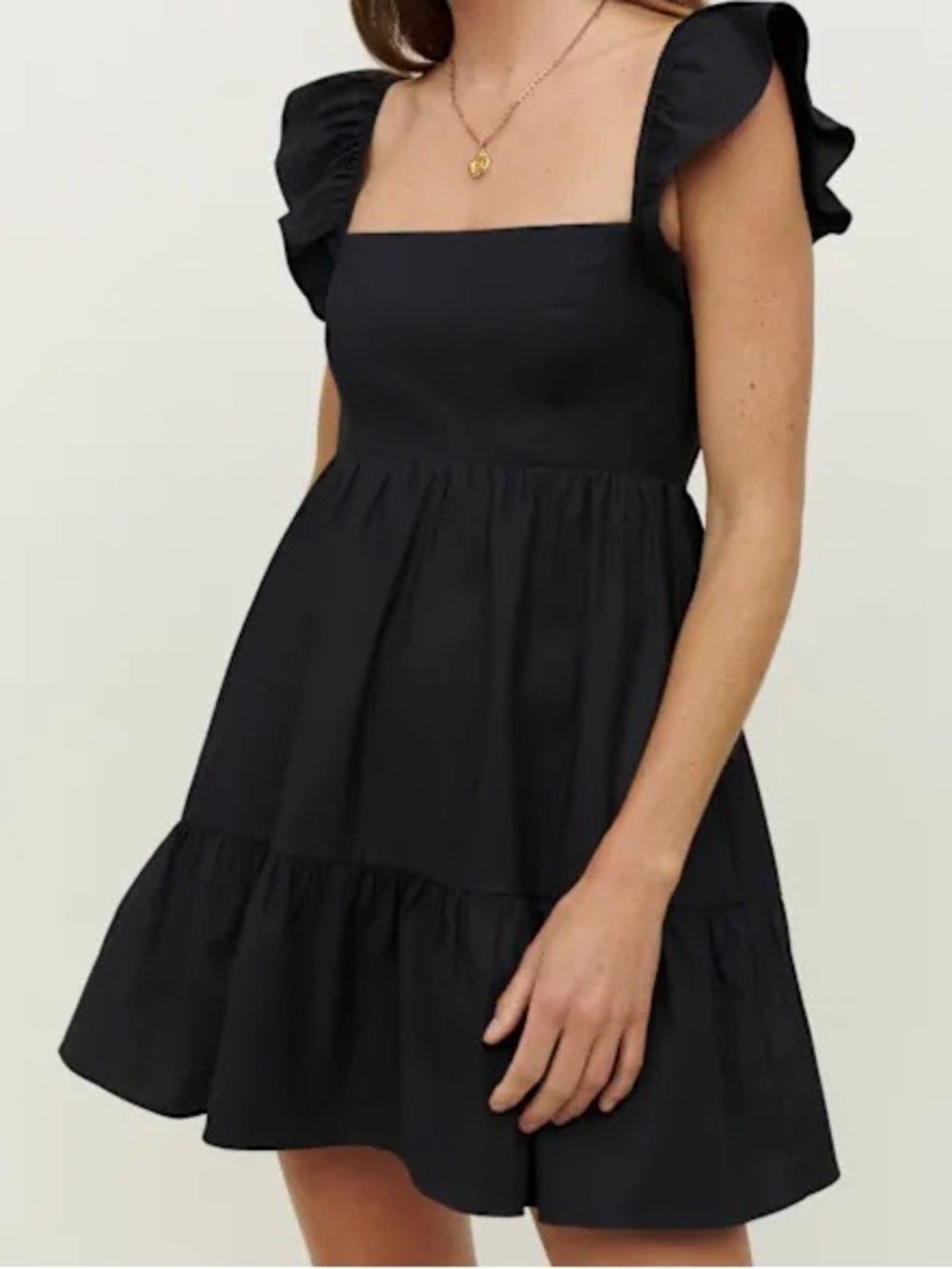 Jeune Reformation Black Ruffle Sleeve Square-Neck Mini Dress Organic Cotton